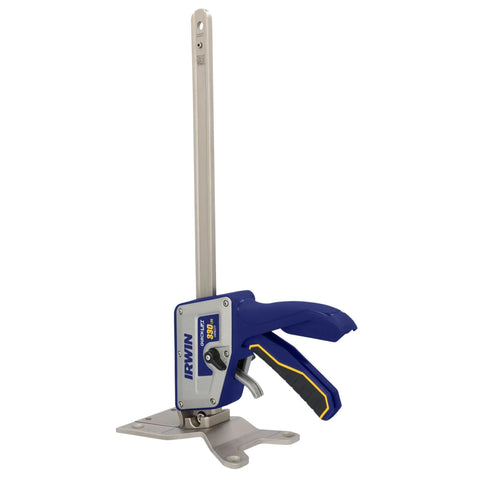 IRWIN Quick-Lift construction jack, front view; blue housing with yellow trim, long metal lift post on a metal base.