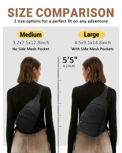 Size comparison of Crossbody Sling Bag For Men And Women, Medium without side mesh pocket, Large with mesh pockets.