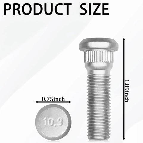 Five Piece Steel Wheel Studs Kit Featuring M12x1.5 Threads And 49mm Length showing a steel stud with dimensions of 0.75 inch diameter and 1.89 inch length.