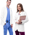 Unisex Lab Coat Classic 31 Inch Consultation Coat White 805 with two medical professionals wearing coats in hospital setting