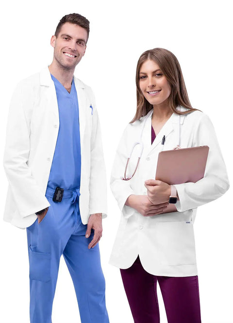 Unisex Lab Coat Classic 31 Inch Consultation Coat White 805 with two medical professionals wearing coats in hospital setting