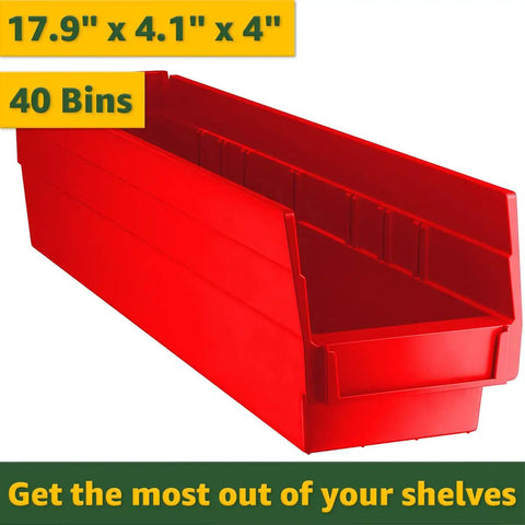 Heavy Duty Garage And Office Storage Shelving Unit With 40 Plastic Bins, 18X36X74 Commercial Wire Rack For Tools, Red Steel Frame Handles 600 Lbs, durable red plastic bin 17.9"x4.1"x4" for organizing.
