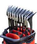 No-Rattle Golf Club Organizer For Iron Sets Only in red bag, anti-slip slots holding 9 iron clubs, soft protective cover on club heads