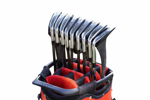 No-Rattle Golf Club Organizer For Iron Sets Only in red bag, anti-slip slots holding 9 iron clubs, soft protective cover on club heads