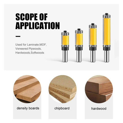 Premium 1 Pc 12Mm Shank Pattern Router Bit With Dual Top Bottom Bearings For Smooth Guided Trim On Wood Carving And DIY Projects Featuring Solid 3/4In Cutter Diameter For Super Duper Results application on various wood materials, including MDF, chipboard, and hardwood.