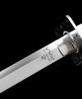 Close-up of the blade and hilt of the Beefy Full Tang Battle Ready Samurai Katana Sword With Black Finish Handmade 2960 Spring Steel Blade
