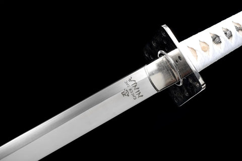 Close-up of the blade and hilt of the Beefy Full Tang Battle Ready Samurai Katana Sword With Black Finish Handmade 2960 Spring Steel Blade