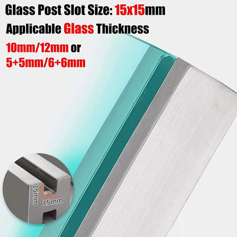Close-up of Super Sleek Heavy Duty Glass Railing Assembly with visible 15x15mm post slot for 10 to 12mm panels.