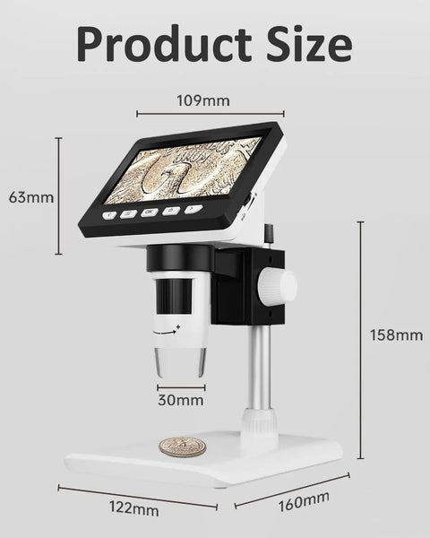 Coin Microscope 1000X With 4 3 Inch LCD Screen For Error Coins And Mint Marks For Coin Nerds 1080P USB Microscope With 8 Adjustable LEDs Photo And Video Capture Built In Storage Works With Windows And Mac, side view with size labels