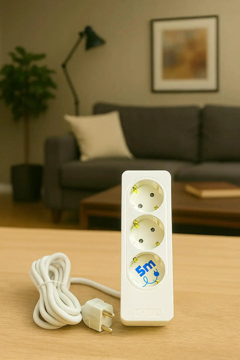 No Nonsense Three Outlet Power Strip With Generous 16 Foot Extension Cord White Heavy Duty Surge Block, three outlets and 16 foot cord.