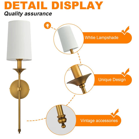 Top Shelf Vintage Antique Brass Wall Sconce Set Of 2 Hardwired Farmhouse Lights With Smooth White Glass Shades close-up view showing design details and materials.