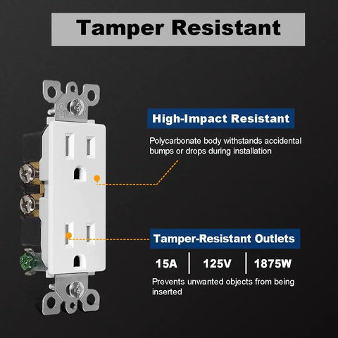 20 Pack Tamper Resistant Receptacle Outlet With Screwless Wall Plate 15A 125V UL Listed, polycarbonate housing shown.