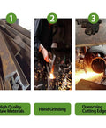 Manufacturing process of 2 In 1 Garden Hoe And Cultivator With Adjustable Handle Built Tough Carbon Steel Blade showing raw materials and cutting.