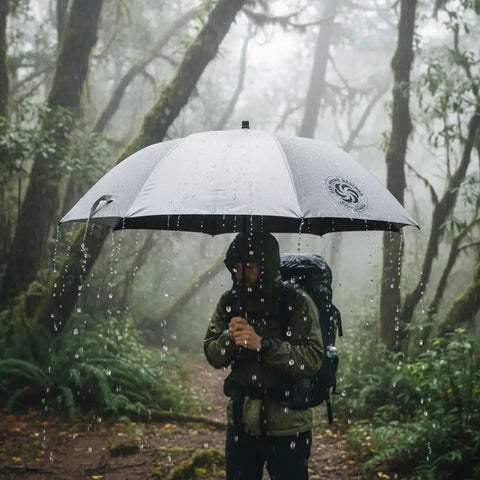 Silver Shadow Hiking Umbrella With UPF 50 Plus Sun And Rain Protection Ultralight 8.9 Oz Fiberglass Frame in forest rain