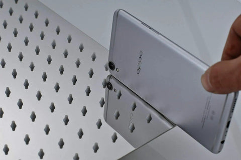 Close-up of smartphone reflecting on 12 Inch LED Rainfall Shower Head Square Brushed Nickel High Pressure Wall Mounted Or Ceiling Mounted Solid Brass