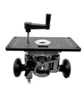 Top Shelf Router Lift Installation Kit With Aluminum Insert Plate For 65mm Trimming Machines and Precision Woodworking Rig showing smooth adjustments.