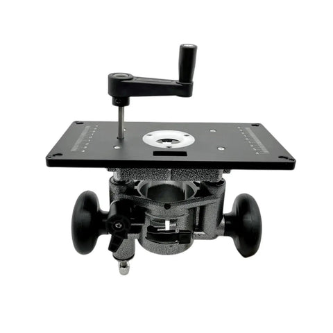 Top Shelf Router Lift Installation Kit With Aluminum Insert Plate For 65mm Trimming Machines and Precision Woodworking Rig showing smooth adjustments.