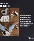 Alumilite black liquid dye for resin casting; gloved hands pour dye into a silicone resin mold, with 1 oz bottles nearby