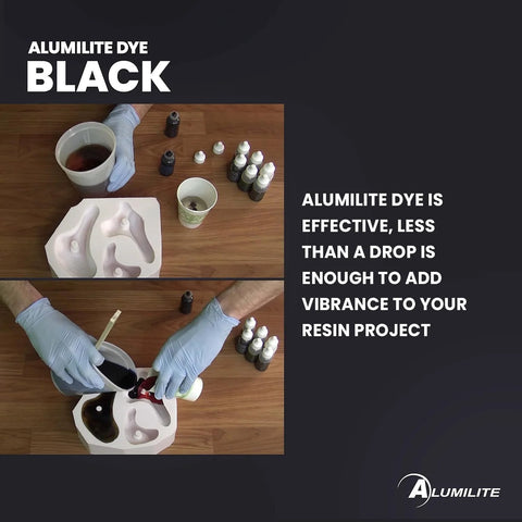Alumilite black liquid dye for resin casting; gloved hands pour dye into a silicone resin mold, with 1 oz bottles nearby