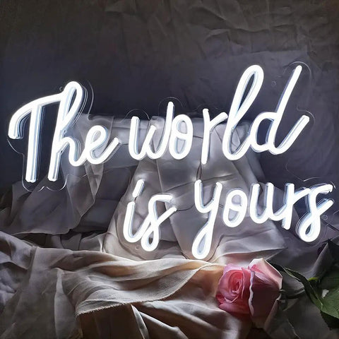 World Is Yours White LED Neon Sign For Bedroom Decor Bar Party And Cafe Vibe USB Powered 17x11 Inches 3D Art Light