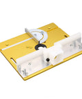 Slick Aluminum Router Table Insert Plate For Woodworking Heavy Duty Base Platform, gold anodized with adjustable angle for precision.