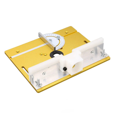 Slick Aluminum Router Table Insert Plate For Woodworking Heavy Duty Base Platform, gold anodized with adjustable angle for precision.
