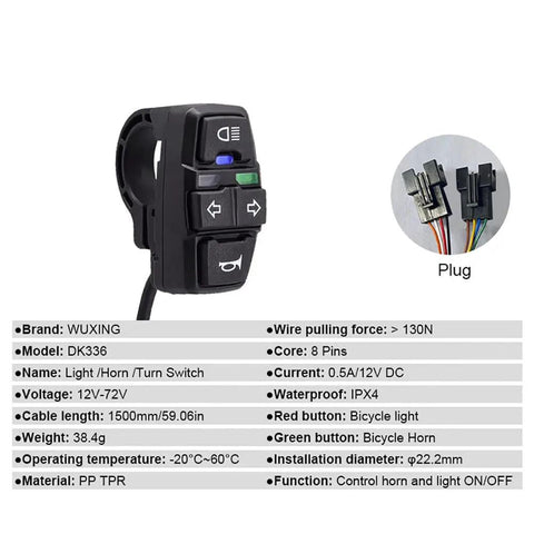3 In 1 E Bike Light Kit With Headlight Tail Light Horn And Turn Signals DK336 switch and wiring detail