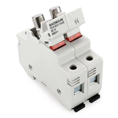 RT18-32 Two Pole Fuse Holder Base With 10x38mm 20A Ceramic Fuses, DIN Rail Mount, front view showing LED indicator and CE Certified mark