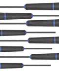 Made In America Hex Key Set Eight Piece Metric Allen Wrench Set 0.7mm To 4mm, blue color coded handles arranged in a row