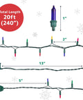 Diagram of Outdoor Christmas String Lights With Green Wire 100 Count 20 Ft Multicolor Incandescent showing lengths and bulb sizes
