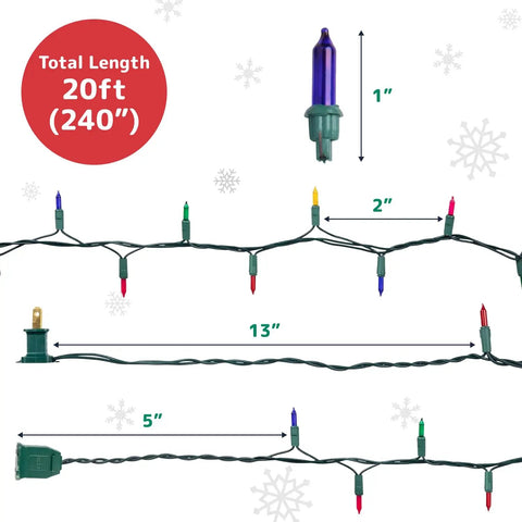 Diagram of Outdoor Christmas String Lights With Green Wire 100 Count 20 Ft Multicolor Incandescent showing lengths and bulb sizes