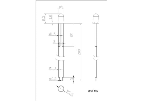 Technical drawing of a 5mm LED from the 56 Piece DC 12V 5mm LED Light Kit With Prewired Resistors, Clear Lens, Color Burst Assortment.