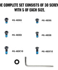 Hardened Steel Thirty Piece T15 Torx Screw Set For Rack Systems And Pedal Plates displayed in three sizes, 6mm, 8mm, and 10mm.