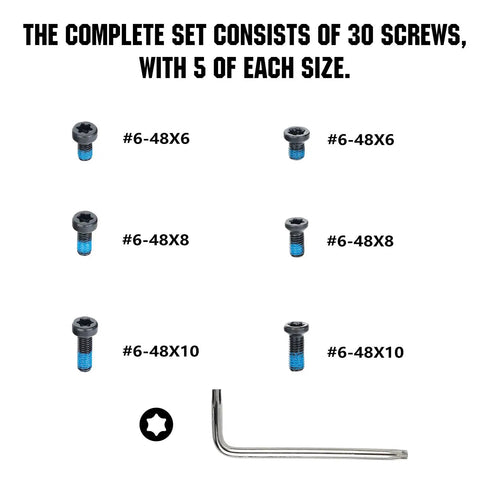 Hardened Steel Thirty Piece T15 Torx Screw Set For Rack Systems And Pedal Plates displayed in three sizes, 6mm, 8mm, and 10mm.
