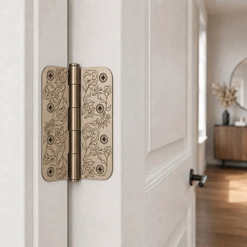 Top Shelf Floral Door Hinges 4 5/8 Inch Laser Etched Decorative Hardware For Interior Residential Doors close-up view on a door.