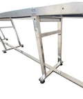 Stainless steel frame of Electric PVC Belt Conveyor With Adjustable Speed Desktop Industrial Transport Unit, viewed from side angle.