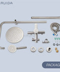 Outdoor Shower Faucet Setup With SUS304 Stainless Steel Wall Mount Exposed Brushed Nickel Finish Single Handle 8 Inch Rainfall Showerhead And Handheld Spray Dual Function components displayed