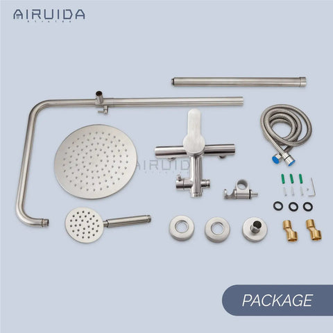 Outdoor Shower Faucet Setup With SUS304 Stainless Steel Wall Mount Exposed Brushed Nickel Finish Single Handle 8 Inch Rainfall Showerhead And Handheld Spray Dual Function components displayed