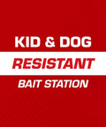 Child And Dog Resistant Mouse Bait Station promotional text on red background, highlighting safety features and resistance.