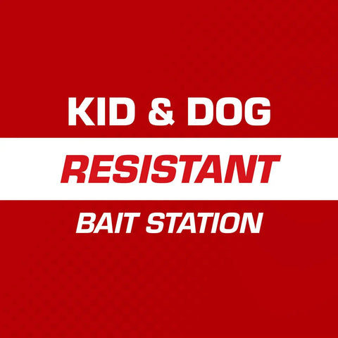 Child And Dog Resistant Mouse Bait Station promotional text on red background, highlighting safety features and resistance.