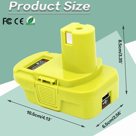 Product size diagram of Universal Battery Adapter That Converts Dewalt 20V Max Lithium To Ryobi 18V P107 P108 Tools With Built In USB Charger 5V 2.1A Max
