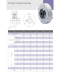 Image of PB-B3 Hollow Thin Magnetic Powder Brake with technical specifications table and side view of the unit's casing.