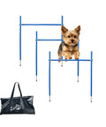 Dog jumping over Adjustable Agility Jumps With Weave Poles Three In One Backyard Outdoor Obstacle Course Training Set Easy Setup Height Adjustable 0 To 31 Inches Ground Anchors Included, visible carry bag, blue poles with a small dog in action.