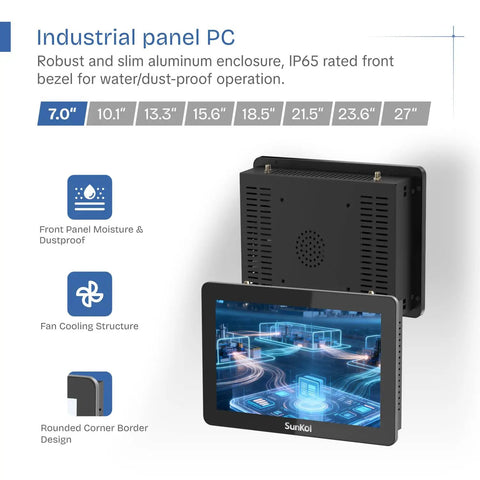 7 Inch Embedded Panel PC with 10 Point Capacitive Touchscreen 1024x600 Display, VESA Mount, shown with fan cooling feature