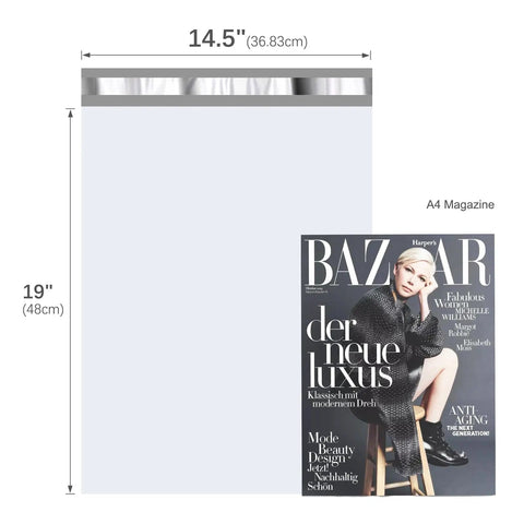 14.5x19 inch white poly mailer next to A4 magazine, Bulk Pack Of 400 Poly Mailers 14.5x19 Inches Self Sealing Waterproof Heavy Duty Shipping Bags For Clothing White Mailing Envelopes For Small Businesses