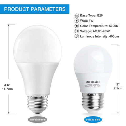 Image showing Led Refrigerator Light Bulb 4 Watt Waterproof Freezer Light Bulbs A15 E26 Medium Base Appliance Fridge Light Bulb 40 Watt Equivalent 120V Daylight White Not Dim Pack Of 2 with product parameters like 4W, 5000K, and E26 base.