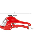 Side view of red Heavy Duty Ratcheting Hose Cutter for rubber hose and PVC pipe up to 1-1/2 inch OD with marking details.