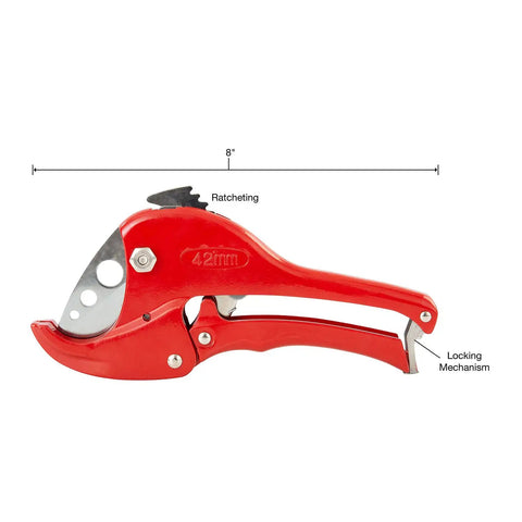 Side view of red Heavy Duty Ratcheting Hose Cutter for rubber hose and PVC pipe up to 1-1/2 inch OD with marking details.