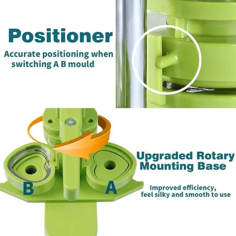 Close-up of heart shaped button maker machine mold positioner and rotary base for no assembly one piece DIY pin badge press.