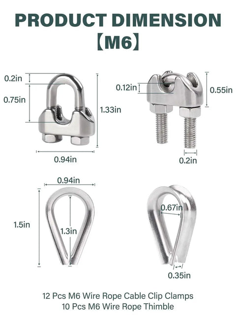 Dimensions of One Quarter Inch M6 Wire Rope Clamp Kit with Twelve Clamps and Ten Thimbles 304 Stainless Steel Rigging Hardware